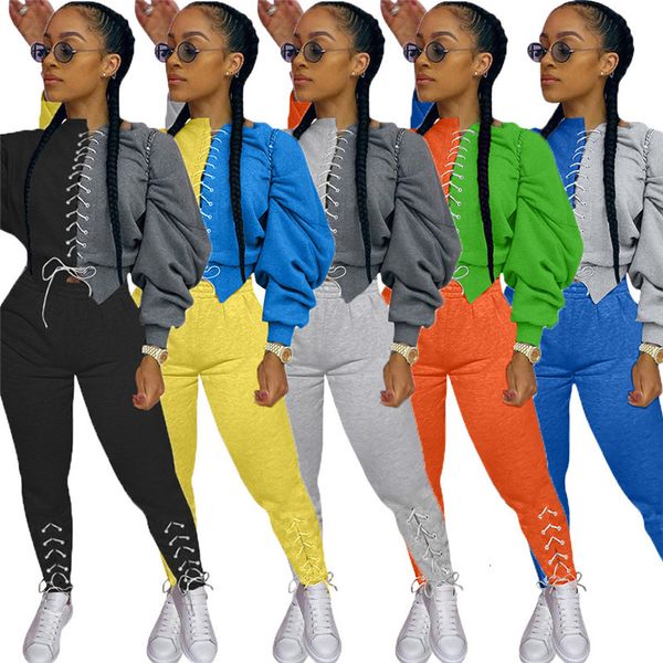 

2021 new 2 piece women fall clothes sweatsuit lace up patchwork sleeve bandage leggings matching set wholesale dropshipping 52gn, Gray