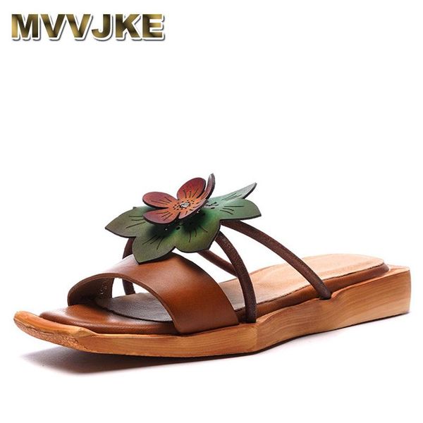 

slippers mvvjke genuine leather 2021 floral summer outside rivet flat slides with comfortable casual sandals women shoes, Black
