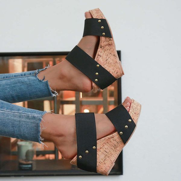 

simple summer slope heel high platform sandal women's 43 large plastic, Black