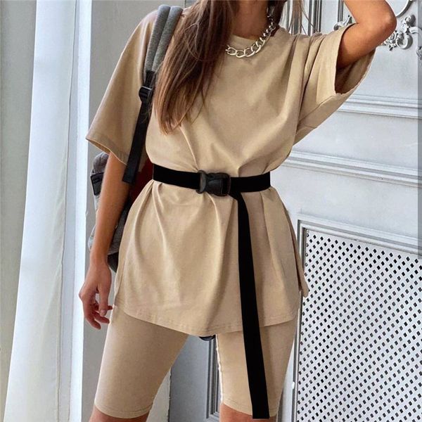 

casual solid outfits women two pieces with belt home loose biker sports set training packages fashion leisure bikes pack summer, Gray