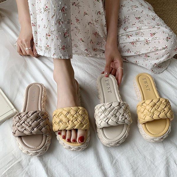 

slippers 2021 fashion woven platform summer casual flat heel open toe outdoor beach slides female comfort soft bottom sandal, Black