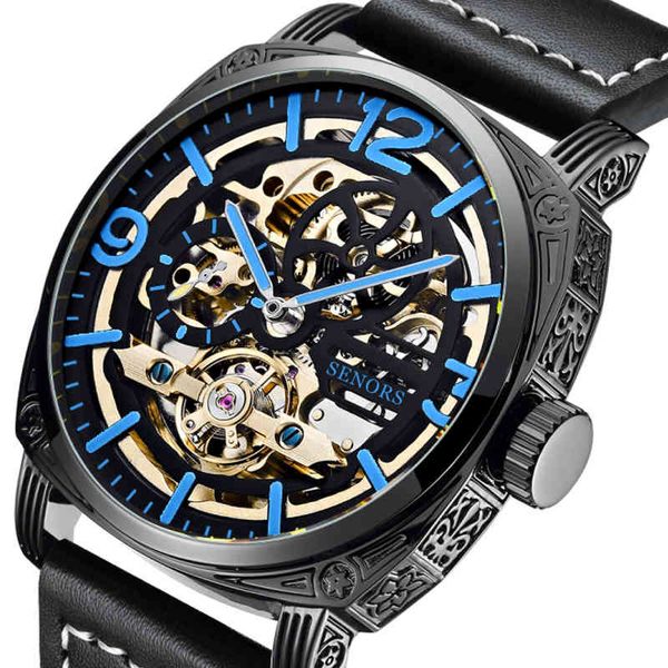 

2021 new luxury automatic skeleton mechanical business men watches lighting hands leather self-wind relogio masculino, Slivery;brown