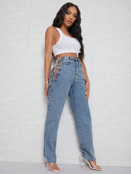 

sxy high waist eyelet chain detail jeans 738r#, Blue
