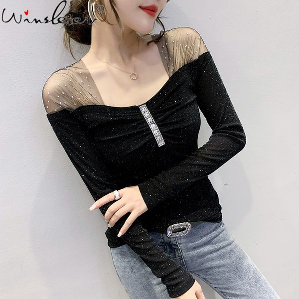 

fall winter korean style t-shirt fashion shiny o-neck patchwork mesh diamonds women back ropa mujer tees t09129l 210302, White