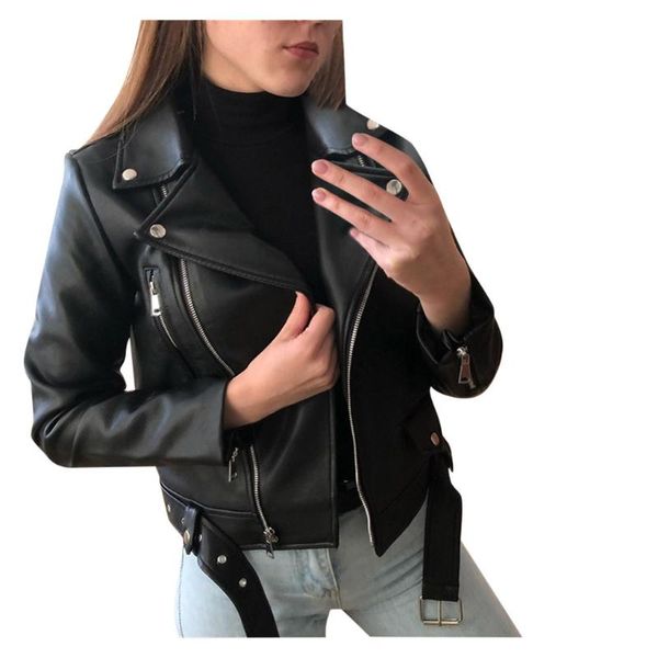 

women cool faux leather jacket long sleeve zipper fitted coat fall turn-down collar overcoat 2021 fashion mulher jaqueta #3, Black;brown