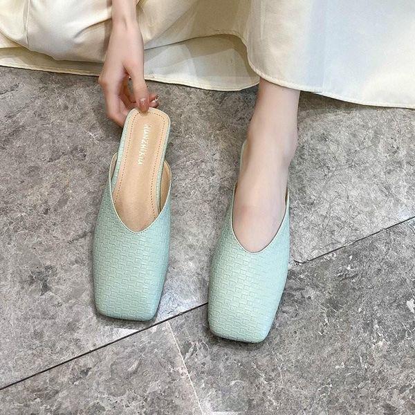 

slippers 2021 spring and autumn embossed elegant flat-bottomed baotou women's with square toe, Black