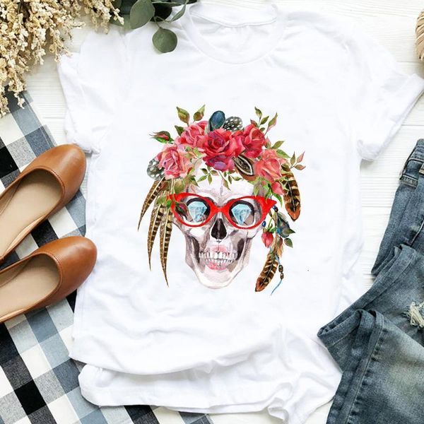 

women lady feather floral skull funny fall autumn halloween print tshirt female t tee womens shirt clothes graphic t-shirt, White