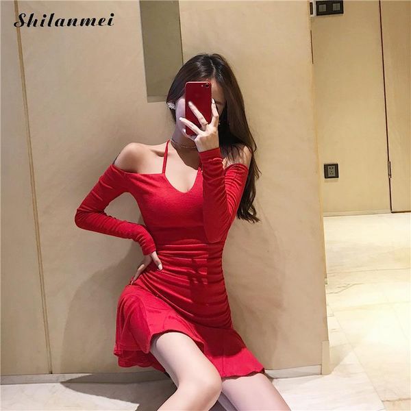 

casual dresses off shoulder club dress 2021 est halter long sleeve mini ladies solid v-neck bodycon elegant red party, Black;gray