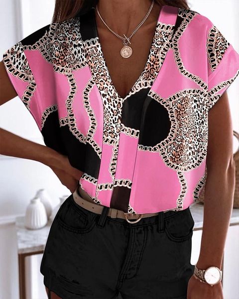

women's blouses & shirts 2021 elegant casual summer woman shirt printing v-neck short batwing sleeve blusa fashion office lady, White