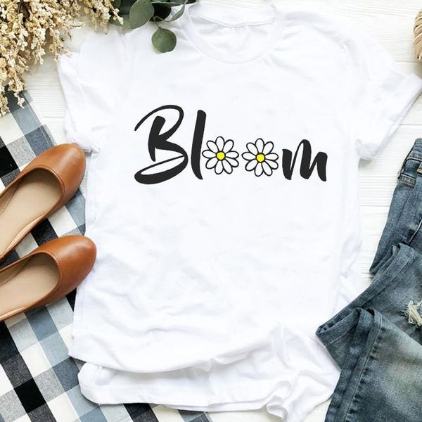 

women lady letter flower cute watercolor 90s style cute print shirt t tee for womens clothes tshirt female graphic t-shirt, White