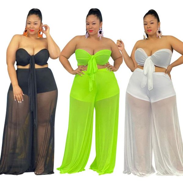 

plus size tracksuits beach 2 piece outfits for women holiday crop + wide leg mesh see through two sets party club tracksuit