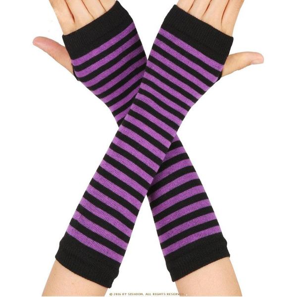 

five fingers gloves fashion women lady striped elbow warmer knitted long fingerless mittens, Blue;gray
