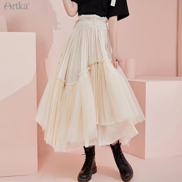 

skirts artka 2021 summer women skirt elegant gauze lace high waist long a-line elastic white pleated qa22114x, Black