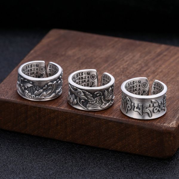 

ring men's and women's silver jewelry personalized lotus heart sutra opening design six character mantra index finger s999
