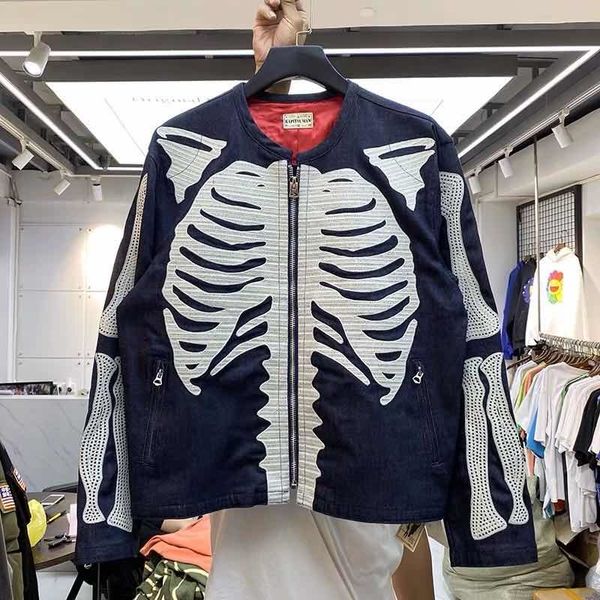 

2021 new completo osso bordado kapital zper das mulheres dos homens 1:1 alta qualidade outono inverno retro jaqueta rib cage zip manga denim, Black;brown