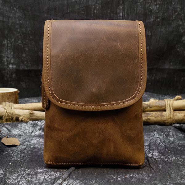 

pockets style men's leather waist bag crazy horse skin outdoor small yb005