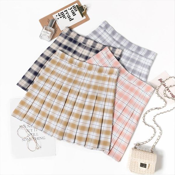 

pleated autumn summer women skirt high waist plaid korean harajuku japanese cute mini a line skirts, Black