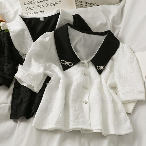 

women's blouses & shirts women fashion outdoor casual short sleeves bows buttons blouse ladies ol sweet girls student elegant daily bas, White
