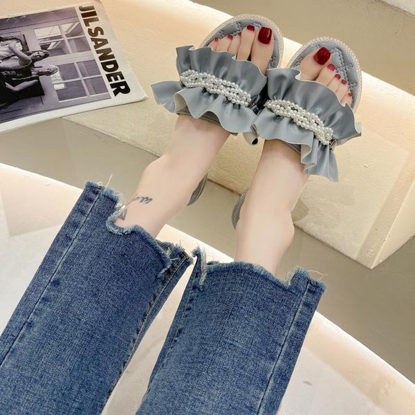 

slippers women's summer luxury beaded soft designer flats 2021 sweet roman pu basic shoes, Black
