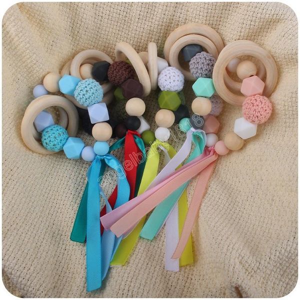 

baby teethers toys silicone beech wooden teether colored ribbon bracelet wood teething ring chewable toy infant soother