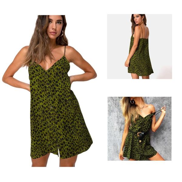 

casual dresses leopard print spaghetti strap dress women summer sleeveless v-neck loose mini backless, Black;gray