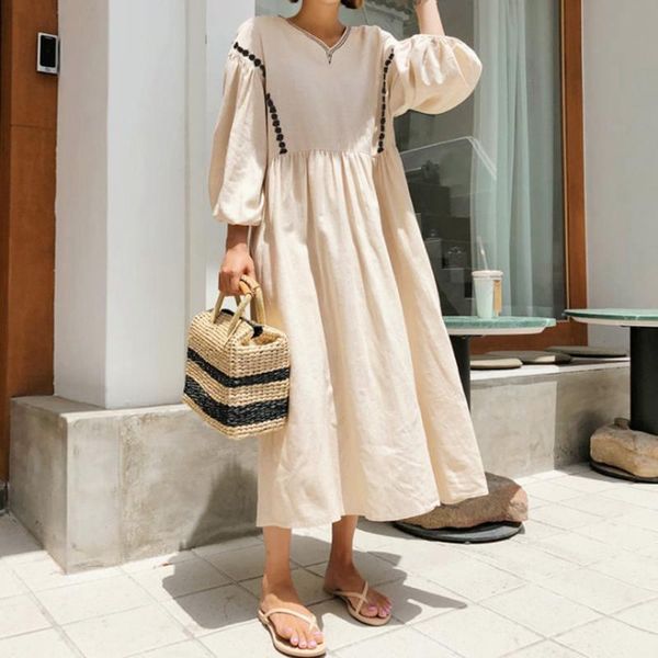 

casual dresses 2021 vintage puff sleeve dress women autumn three quarter embroidery cotton linen v neck applique boho, Black;gray