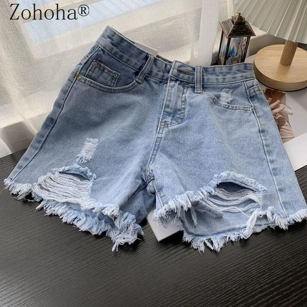 

women's jeans zohoha 2021 summer high waist ripped holes all-match thin a-line denim shorts short women, Blue