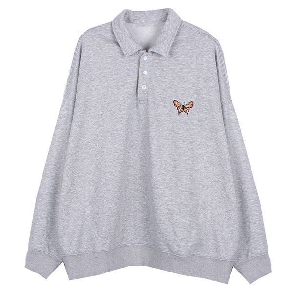 

2021 america vintage gray cotton embroid butterfly sweatshirts women oversized polo collar pullovers autumn new casual loose 7y8h, Black