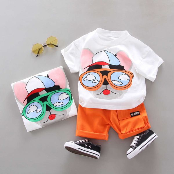 

summer baby foreign style suit children's cartoon cute short sleeve shorts glasses fox two piece set fashion, White