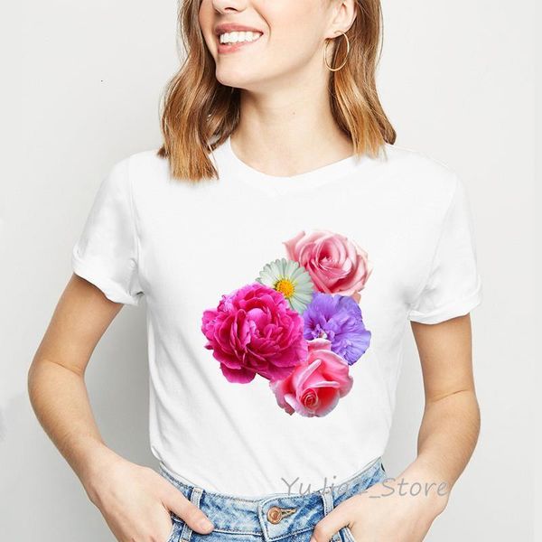 

vogue t shirt camiseta mujer pink red rose flowers print t-shirt women clothes 2021 harajuku shirt summer fashion white tshirt