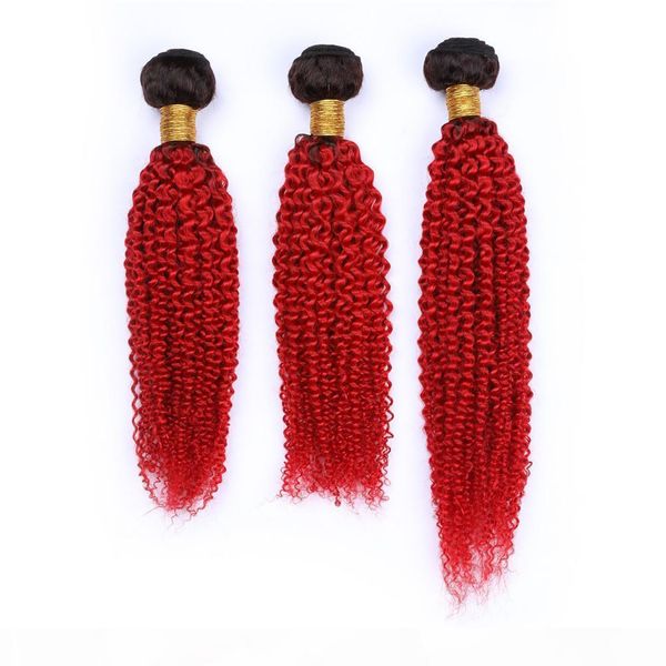 

#1b red dark root ombre kinky curly peruvian human hair weaves 3pcs double wefts curly red ombre virgin peruvian human hair bundles deals, Black