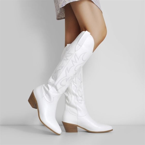 

onlymaker women white knee high boots western cowboy wide calf embroidered pointed toe block heel pull-on cowgirl booties 211105, Black