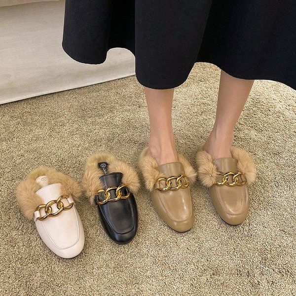 

slippers shoes mules for women 2021 cover toe female slides low loafers fur flip flops fashion flat plush luxury pu basic, Black