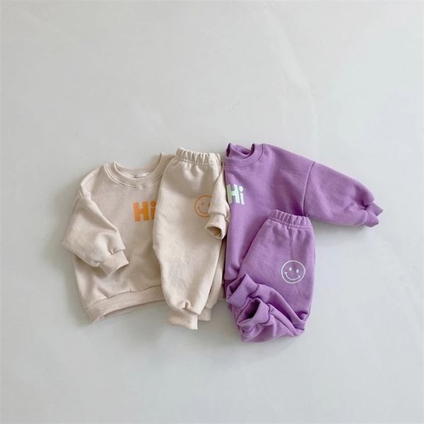 

korean kids cotton tracksuits baby girls boys smiling face clothing sets children fashion sweatshirt+pants 2pcs clothes 211104, White