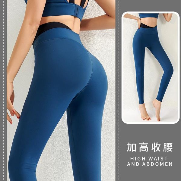 

yoga outfits cross border stretch running suit waist color contrast sports tights women's fitness high hip lifting pant, White;red