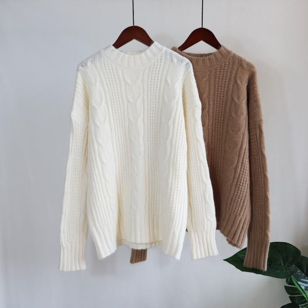 

women's sweaters lazy round collar twist sweater solid pullover knit shirt top, White;black