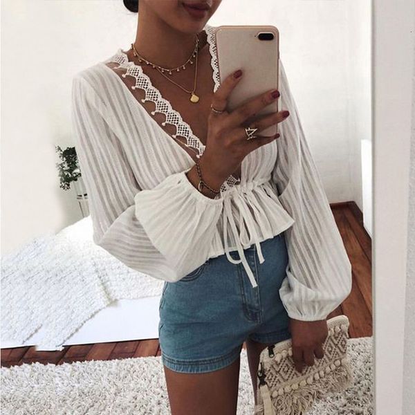 

2021 new women spring lace patchwork v neck blouses casual lantern sleeve lace-up slim shirt autumn female white cardigan wqog