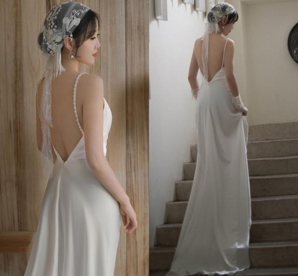 

new v-neck open back beading wedding 2021 bohemian spaghetti straps sweep train a-line bridal gowns vestido de mariee ztry, White