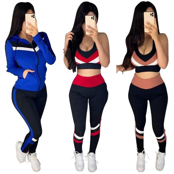 

women sports suit tracksuits long sleeve hooded coat jacket patchwork vest t shirt crop pants casual three pieces set 4colors 21021801, White