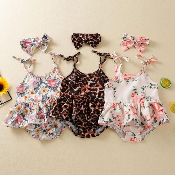 

rompers born infant baby girls slip ruffle floral leopard romper bodysuit+headband, Blue
