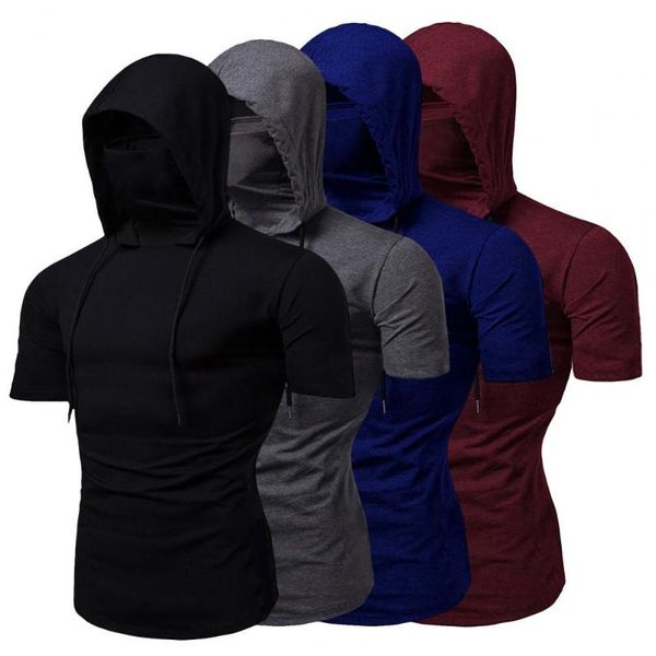 

men's casual shirts solid color slim hooded men face cover sports shirt for gym jogging drawstring short sleeve clothing, White;black