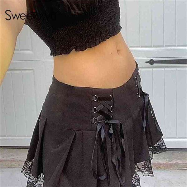 Sweethown lace up goth y2k saia plissada mulher estilo punk academia escuro academia estética vintage 90s streetwear preto dança mini saias 210702