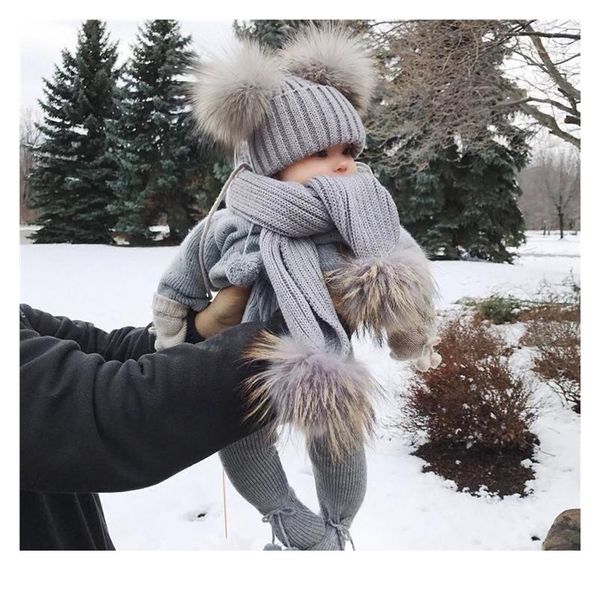 

winter real fur scarf and hat set kids big real raccoon fur balls hat double fur pom pom beanies children gi jllzkr
