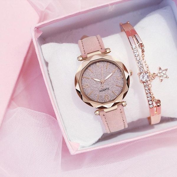 

wristwatches 2021 fashion lady starry watch bracelet quartz imitation leather strap shiny luxury women wristwatch clock, Slivery;brown