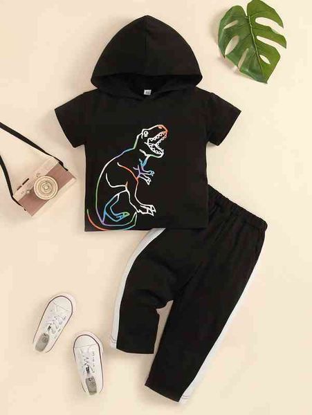 

baby dinosaur print hooded tee & contrast side seam pants she, White