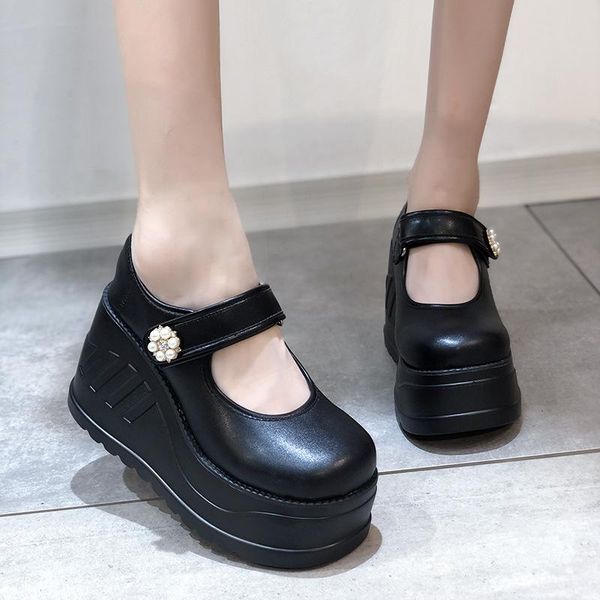 

dress shoes crrcrrcrr women's mary janes pump platform wedges punk style lolita gothic y2k plus size 43 hook-loop pearl women, Black