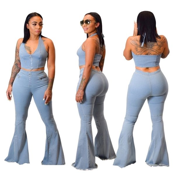 

fashion women light blue washed flare jeans sets halter neck sleeveless bell bottom jeans two pieces suits new arrivals 210202