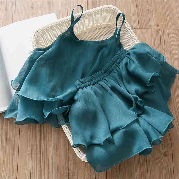 

summer casual 2-4 6 8 10 12 years sleeveless strap blouse +skirts 2 pcs suits baby kids girls chiffon sling clothing set 210625, White