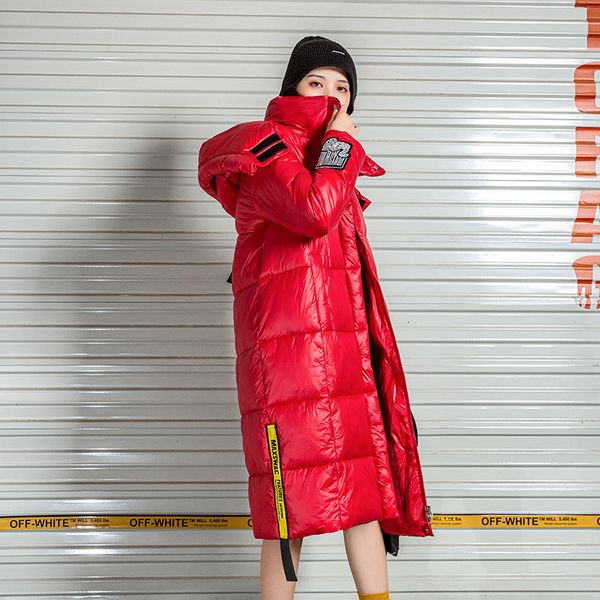 

plus size women winter x-long jacket loose hooded women's parkas solid shiny oversized korean style printing thick coat ladies 201014, Black