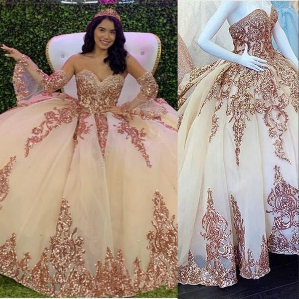 2021 Bling Bling Rose Gold Сдержанные кружева длинные рукава Quinceanera Платья Ball Powneart Crystal Beas Beefs Sequins Pughy Party Press Prom Вечерние платья